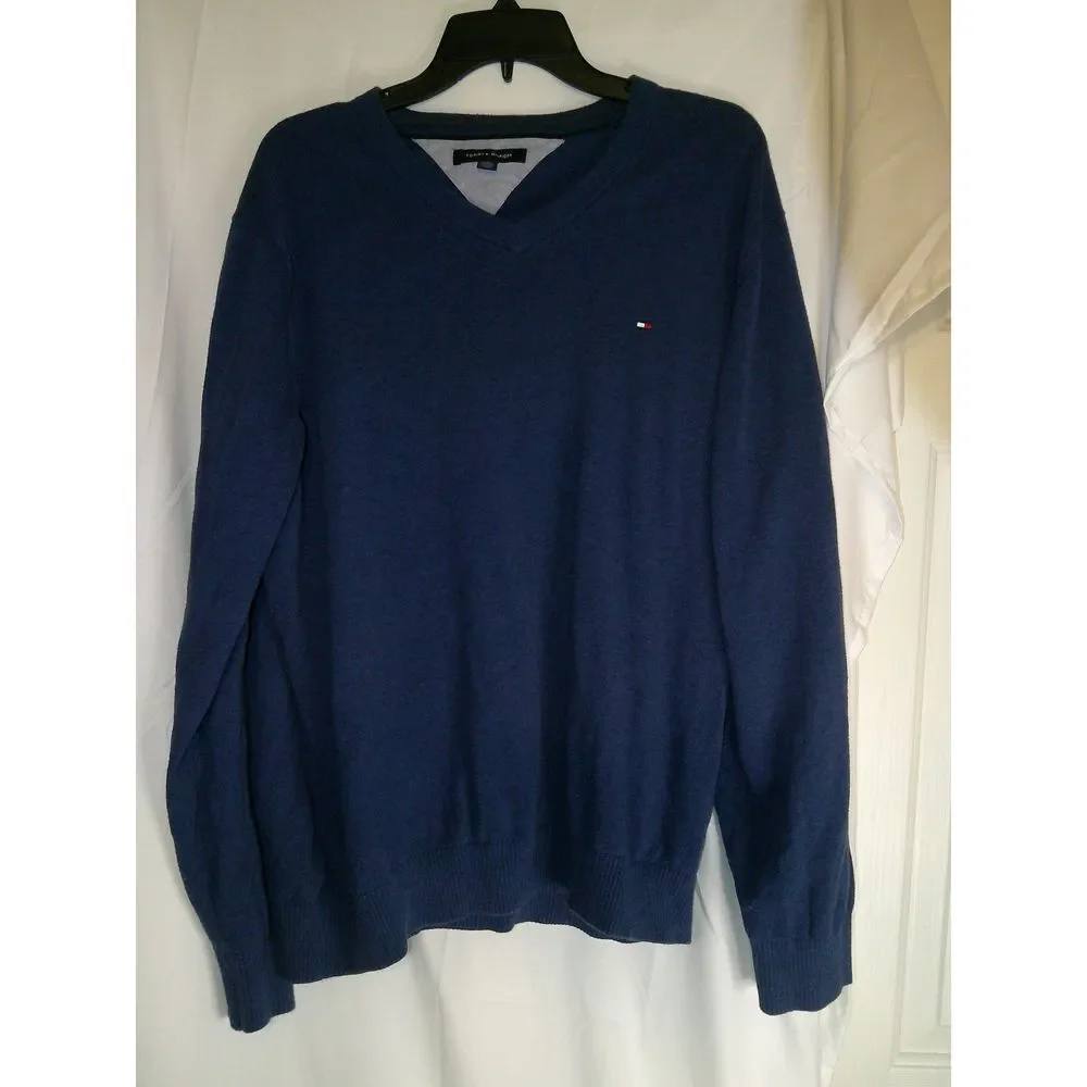 Vintage Tommy Hilfiger Classic Navy VNeck Sweater Cotton Knit Pullover Casual XL